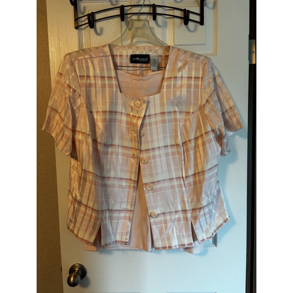 Sag Harbor Woman Pink Plaid Skirt Set 20W Short Sleeve‎ Jacket & Midi Skirt 2pc